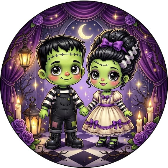 Monster Couple Halloween Sign: Cute Frankenstein Bride Wreath Decor