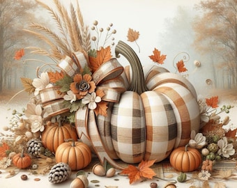 Countryside Autumn Wreath Sign: Plaid Pumpkin Door Hanger, Rustic Harvest Farmhouse Decor