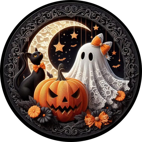 Halloween Ghost Pumpkin Cat Door Hanger: Spooky Night Scene Decor