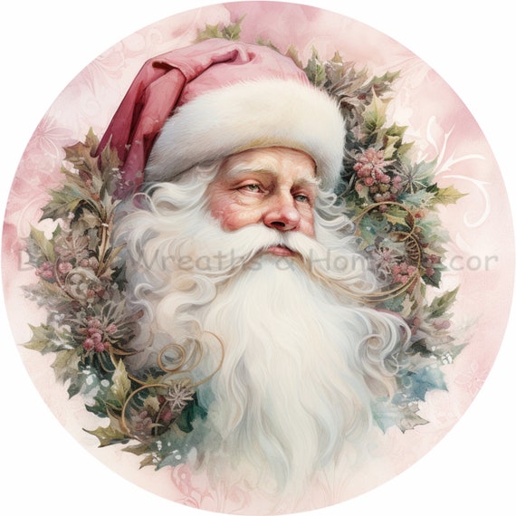 Victorian Santa Metal Sign: Pink Christmas Wreath Decor