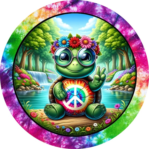 Peace Turtle Sign: Hippie Tie Dye Decor, Boho Door Hanger