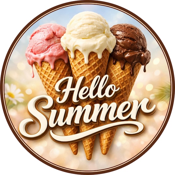 Hello Summer Ice Cream Sign: Sweet Treat Door Hanger, Seasonal Kitchen Decor