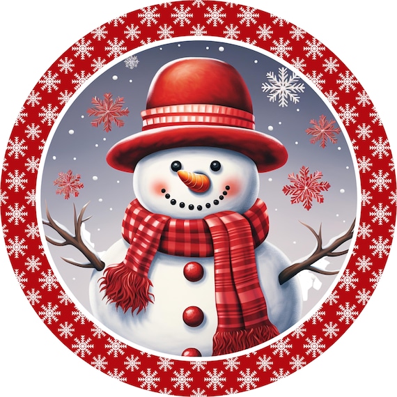 Red Snowman Metal Sign: Winter Snowflake Wreath Decor