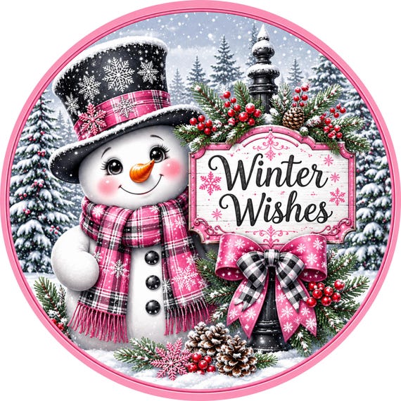 Winter Wishes Snowman Sign: Pink Plaid, Winter Decor, Christmas Wreath Sign, Rustic Decor