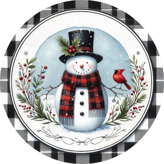 Christmas Snowman Wreath Sign: Buffalo Plaid Snowman with Cardinal, Rustic Winter Holiday Decor