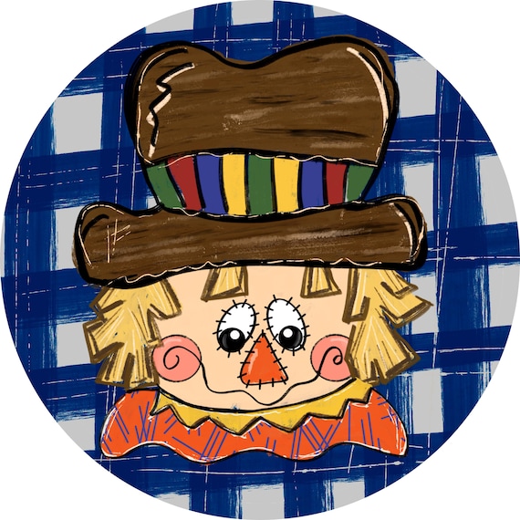 Scarecrow Welcome Wreath Sign: Fall Scarecrow with Blue Buffalo Plaid, Autumn Farmhouse Door Decor