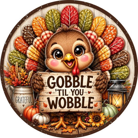 Gobble Til You Wobble Sign: Turkey Wreath Sign, Fall Decor, Thanksgiving Sign, Autumn Wreath Attachment
