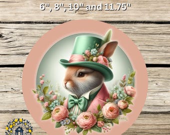 Dapper Easter Bunny Wreath Sign: Vintage Rabbit Door Hanger, Floral Spring Decor