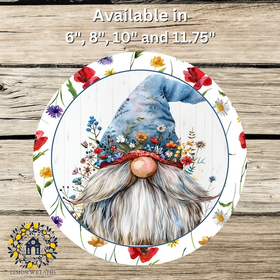 Floral Gnome Wreath Sign: Spring Door Hanger, Rustic Wildflower Decor, Farmhouse Round Garden Accent
