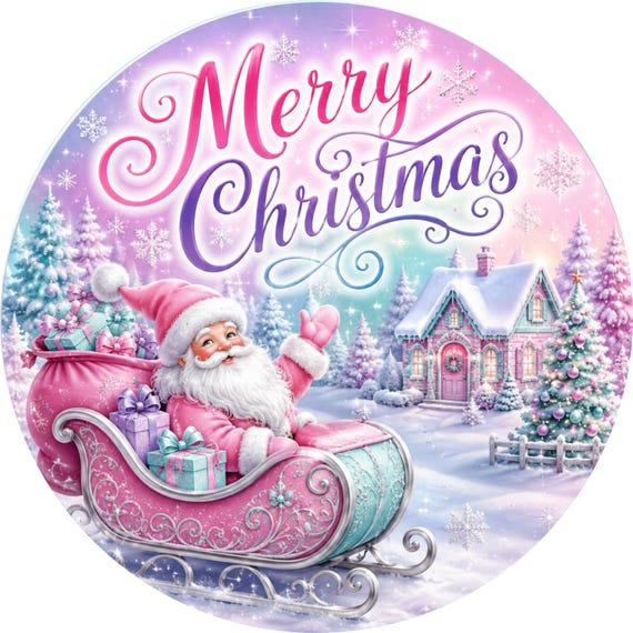 Pastel Merry Christmas Sign, Pink Santa Wreath Sign, Whimsical Christmas Decor, Christmas Door Hanger, Pink Wreath Sign