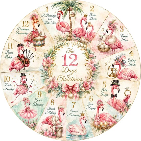 12 Days of Christmas Wreath Sign, Flamingo Christmas Sign, Tropical Decor, Pink Christmas Wreath Sign