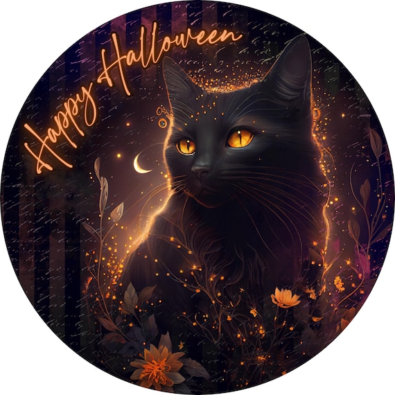 Happy Halloween Black Cat Sign: Spooky Night Door Hanger, Witchy Fall Decor