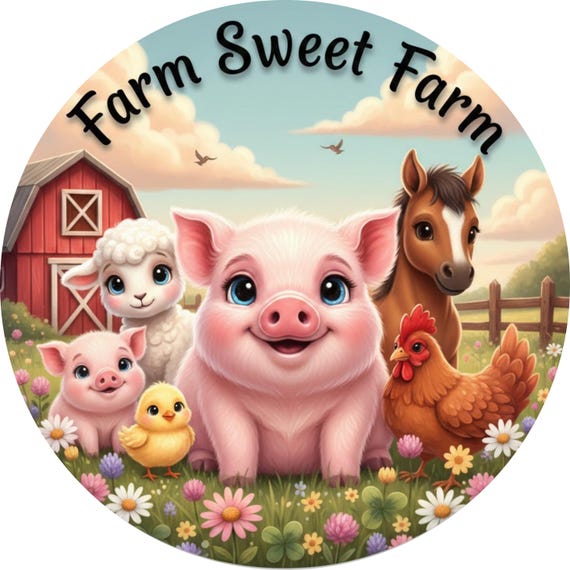 Farm Sweet Farm Wreath Sign: Barnyard Animals Door Hanger, Chicken Decor, Rustic Spring