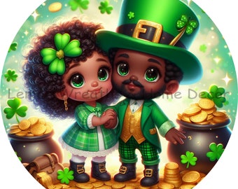 St. Patrick&#39;s Day | African American Leprechaun Couple Wreath Sign | Shamrock Wreath Sign | Shamrock Welcome Sign | Lemon Wreaths Decor