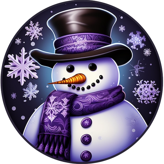 Purple Snowman Winter Sign: Christmas Door Hanger, Whimsical Holiday Wreath Sign