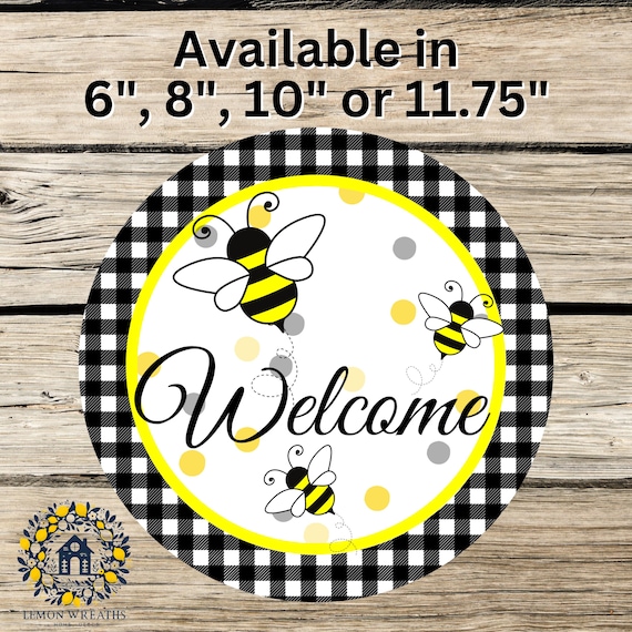 Welcome Bee Wreath Sign: Black & White Buffalo Plaid, Honey Bee Farmhouse Front Door Decor