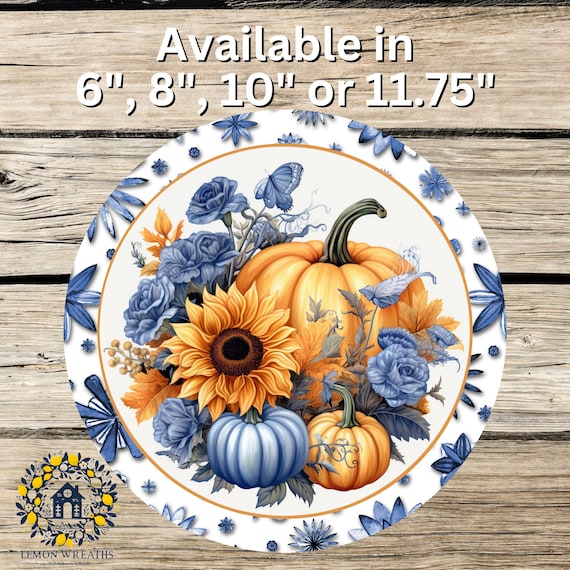 Navy Blue Floral Pumpkin Metal Sign: Fall Wreath Decor