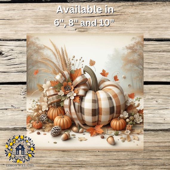 Countryside Autumn Wreath Sign: Plaid Pumpkin Door Hanger, Rustic Harvest Farmhouse Decor