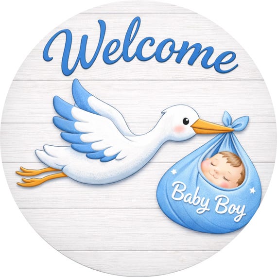 Baby Boy Stork Sign: Welcome Baby Boy Door Hanger, Nursery Wreath Sign
