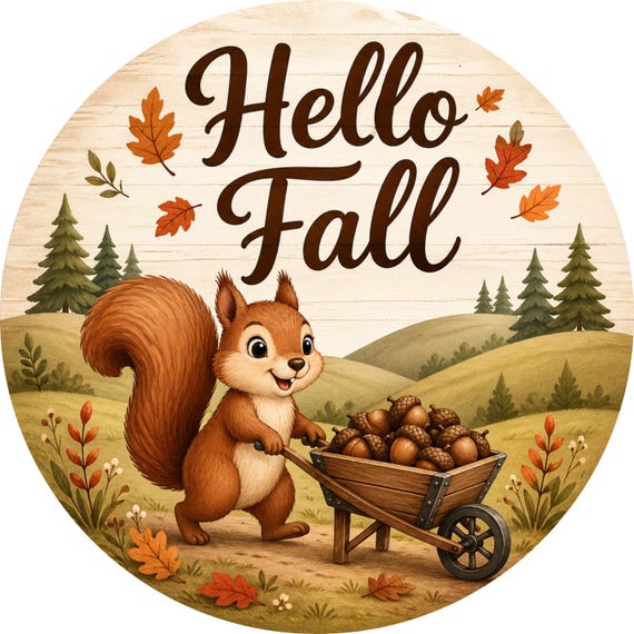 Hello Fall Wreath Sign: Cute Squirrel Autumn Door Decor Attachment