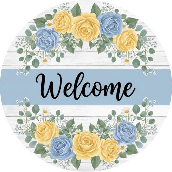 Blue Yellow Welcome Wreath Sign: Floral Farmhouse Front Door Decor