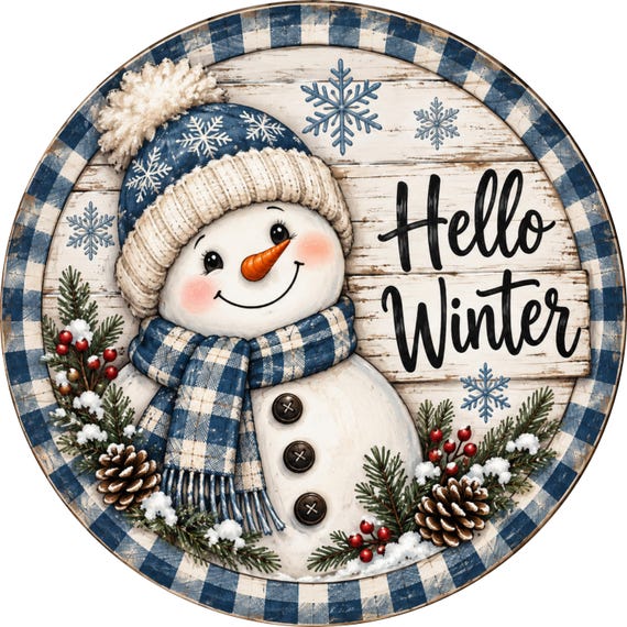 Hello Winter Sign, Blue Gingham Winter Decor, Snowman Wreath Sign, Rustic Winter Wreath Attachment