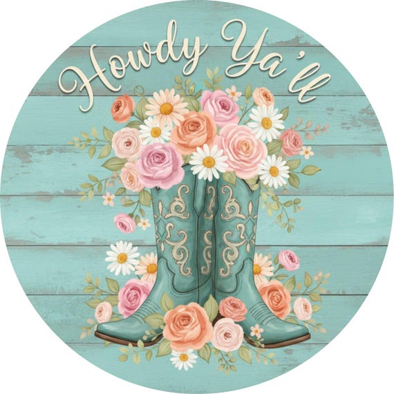 Howdy Y’all Wreath Sign: Floral Cowboy Boots, Western Farmhouse Door Decor