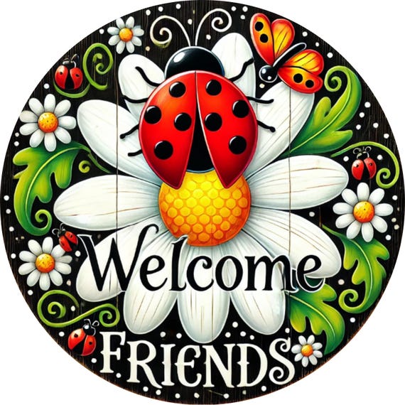 Welcome Friends Ladybug Sign: Daisy Front Door Hanger, Spring Summer Porch Decor