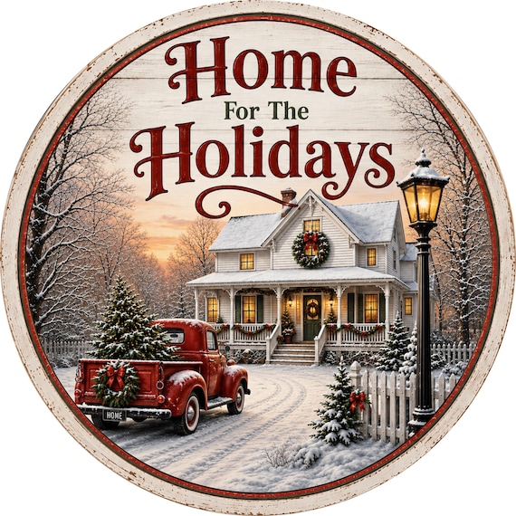 Home For The Holidays Sign, Christmas Wreath Sign, Vintage Red Truck, Farmhouse Christmas Decor