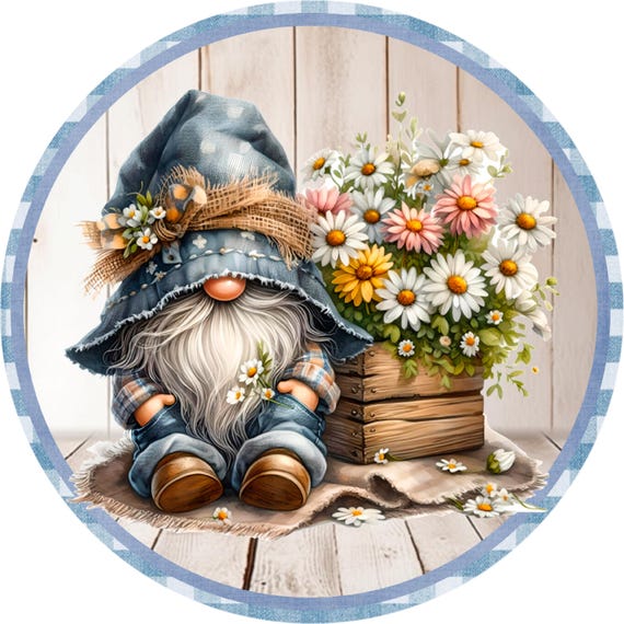 Spring Gnome Wreath Sign: Blue Daisy Cottage Farmhouse Door Decor