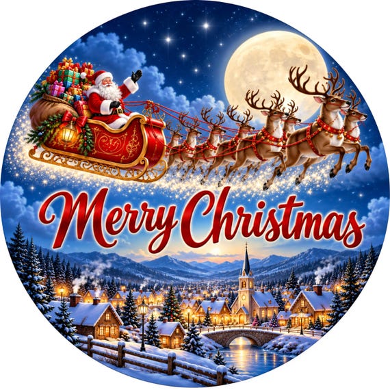 Merry Christmas Wreath Sign, Santa Sleigh Sign, Reindeer Christmas Decor, Christmas Wreath Attachment, Winter Door Decor
