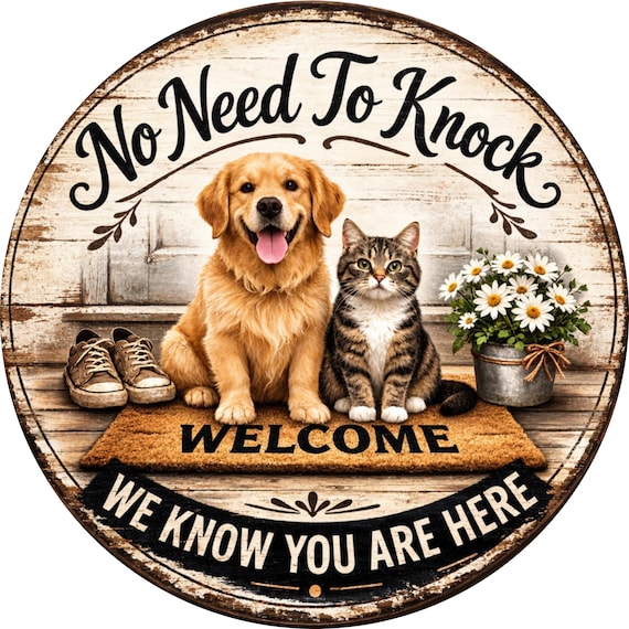 No Need To Knock Sign: Dog Cat Welcome Door Hanger, Funny Pet Decor