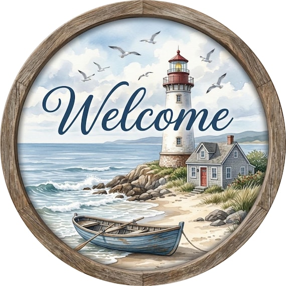 Coastal Lighthouse Welcome Sign: Beach Wreath Attachment Nautical Door Decor