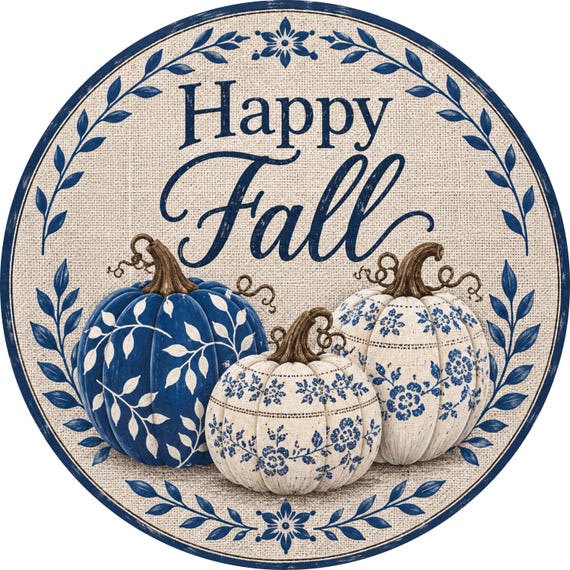 Happy Fall Chinoiserie Pumpkin Wreath Sign, Blue White Autumn Decor, Farmhouse Harvest Door Sign