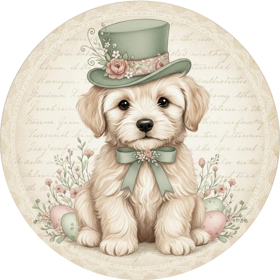 Easter Puppy Wreath Sign: Vintage Spring Door Hanger, Floral Wreath Attachment