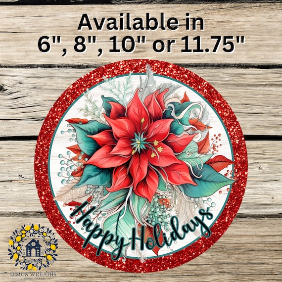 Poinsettia Christmas Metal Sign: Glitter Border Holiday Wreath Decor