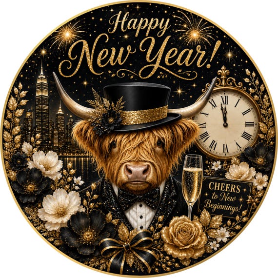 Happy New Year Wreath Sign, New Years Decor, Highland Cow Door Sign, Wreath Attachment
