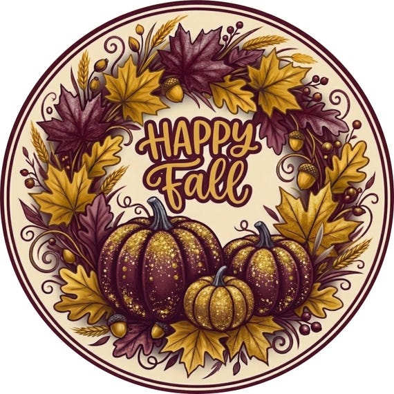 Happy Fall Wreath Sign: Burgundy & Gold Pumpkin, Fall Wreath Attachment, Thanksgiving Sign