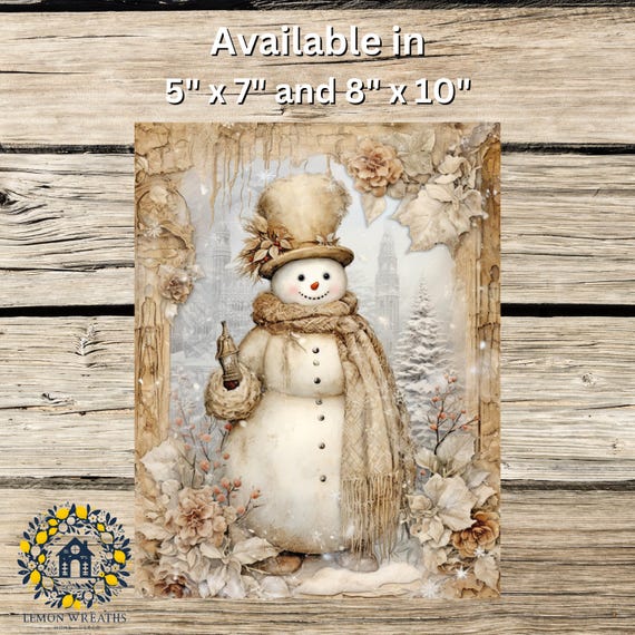 Vintage Snowman Wreath Sign: Neutral Winter Door Hanger, Rustic Farmhouse Christmas Wreath Attachment