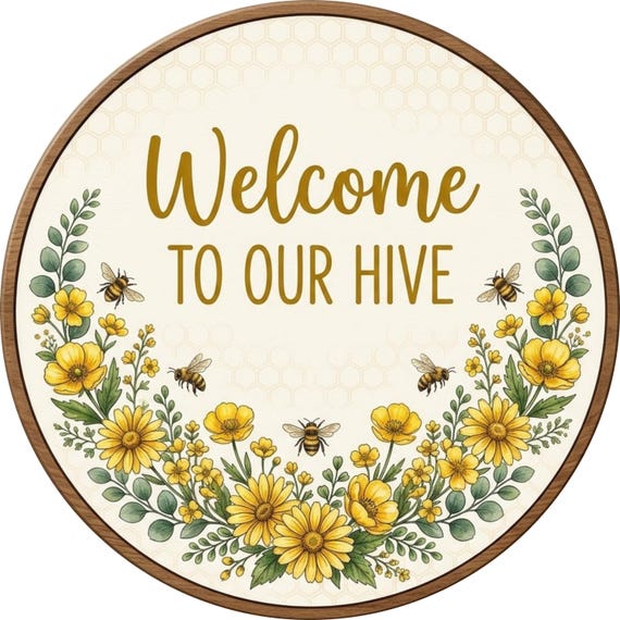 Bee Hive Welcome Sign: Cottage Floral Door Hanger, Farmhouse Wreath Décor