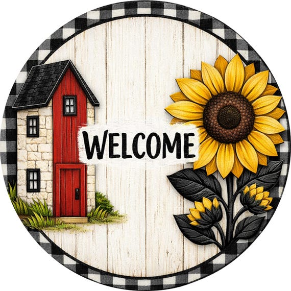 Welcome Sunflower Sign: Red Cottage Door Hanger, Farmhouse Wreath Attachment