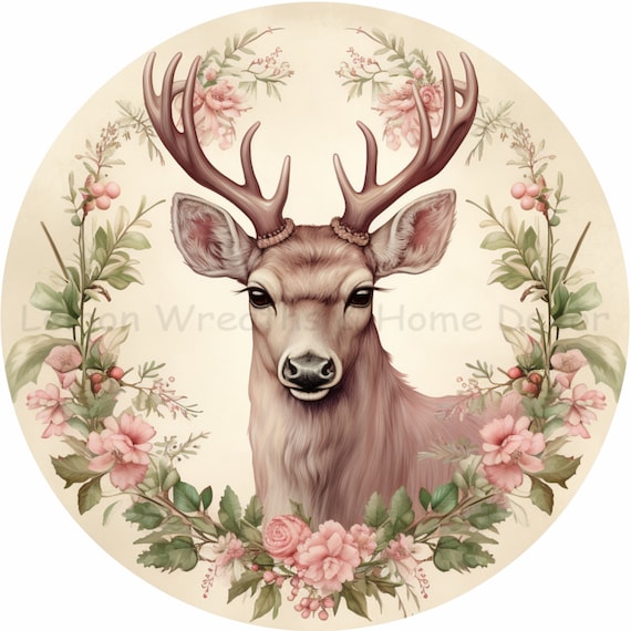 Victorian Deer Sign: Pink Floral Christmas Wreath Sign