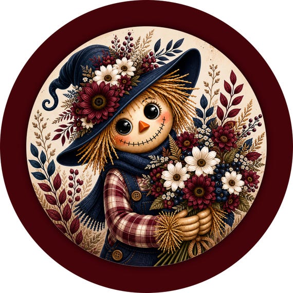 Sunflower Scarecrow Wreath Sign: Burgundy Fall Farmhouse Door Decor
