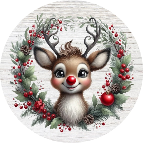 Red Nose Reindeer Sign, Christmas Wreath Sign, Whimsical Door Hanger, Woodland Christmas Sign