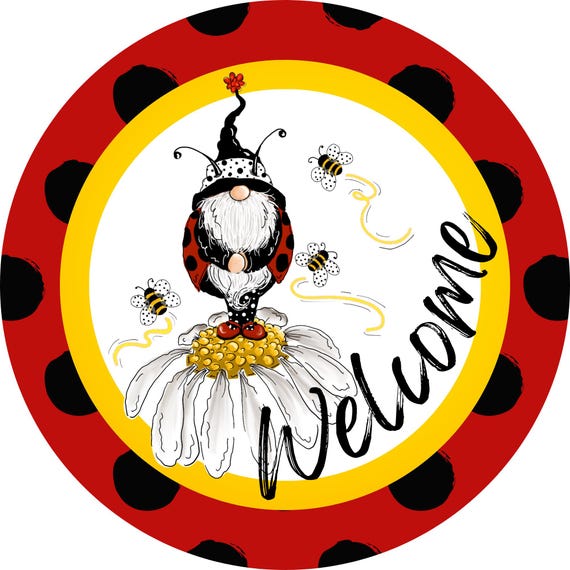 Welcome Ladybug Gnome Wreath Sign: Whimsical Garden Decor, Spring Summer Front Door Sign