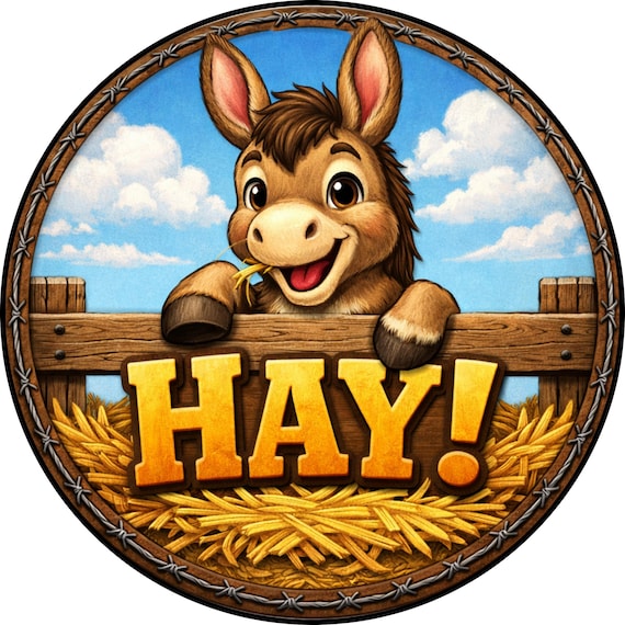 Hay Donkey Wreath Sign: Funny Farm Animal Door Hanger, Rustic Country Farmhouse Attachment