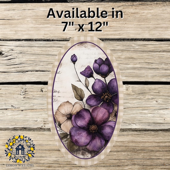 Purple Violet Floral Wreath Sign: Vintage Style Metal Home Decor