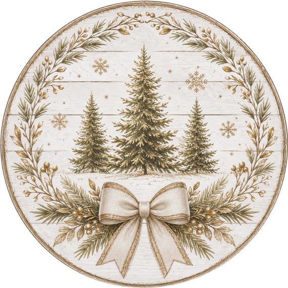 Neutral Christmas Tree Sign, Gold Winter, Elegant Farmhouse Wreath Sign, Rustic Home Decor