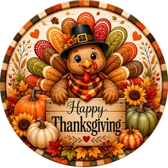 Happy Thanksgiving Wreath Sign, Fall Turkey Decor, Thanksgiving Sign, Autumn Wreath Attachment