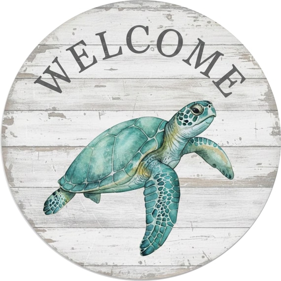 Welcome Sea Turtle Wreath Sign: Coastal Nautical Beach Door Decor